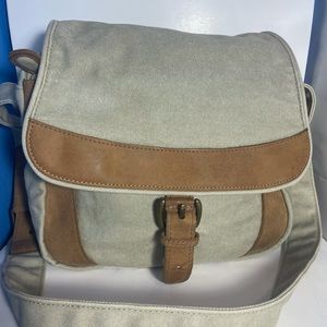 LL Bean Canvas And Leather Crossbody khaki Messenger Bag 12” x 10”
